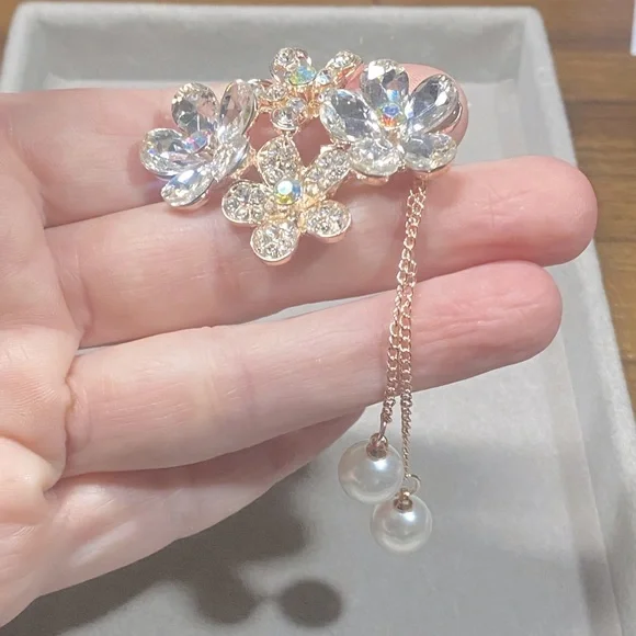 Sparkling Blossom Pearl Brooch With Aurora Borealis Crystals & Dangling Pearls - Picture 5 of 6